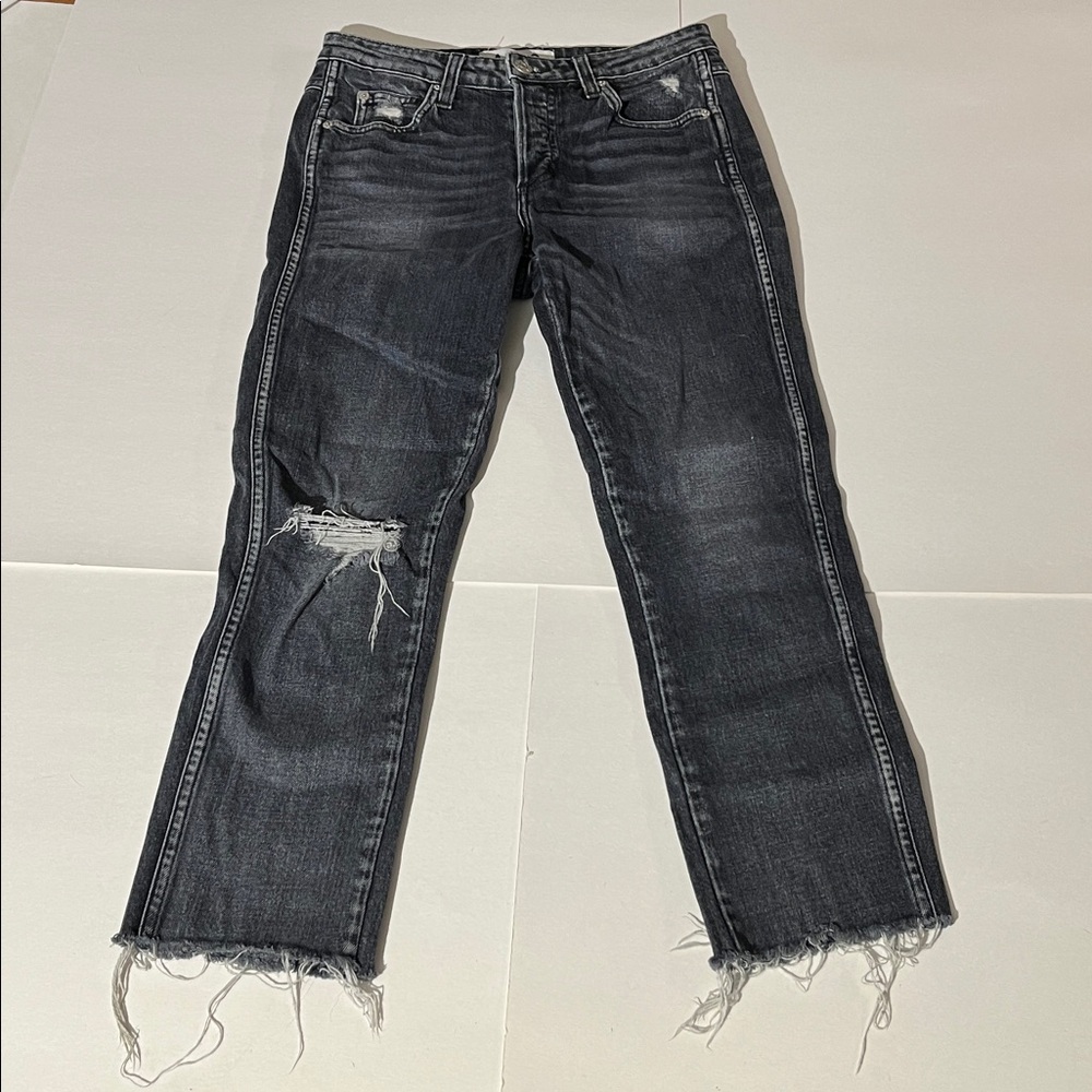 AMO Babe Vixen Destroy high-rise button-fly jeans washed black denim sz 27
